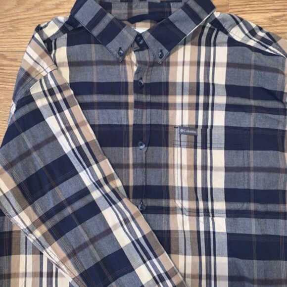 Columbia Men's Button Down Shirt Size XL Blue Beige Multicolor Plaid Long Sleeve - Picture 1 of 9